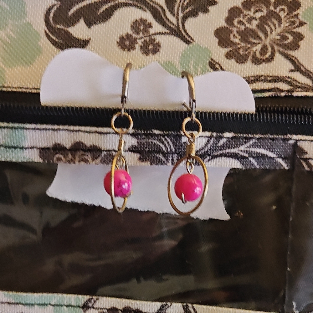 Unbranded Pink Bead Drop Earrings with Silver Hoop Accents